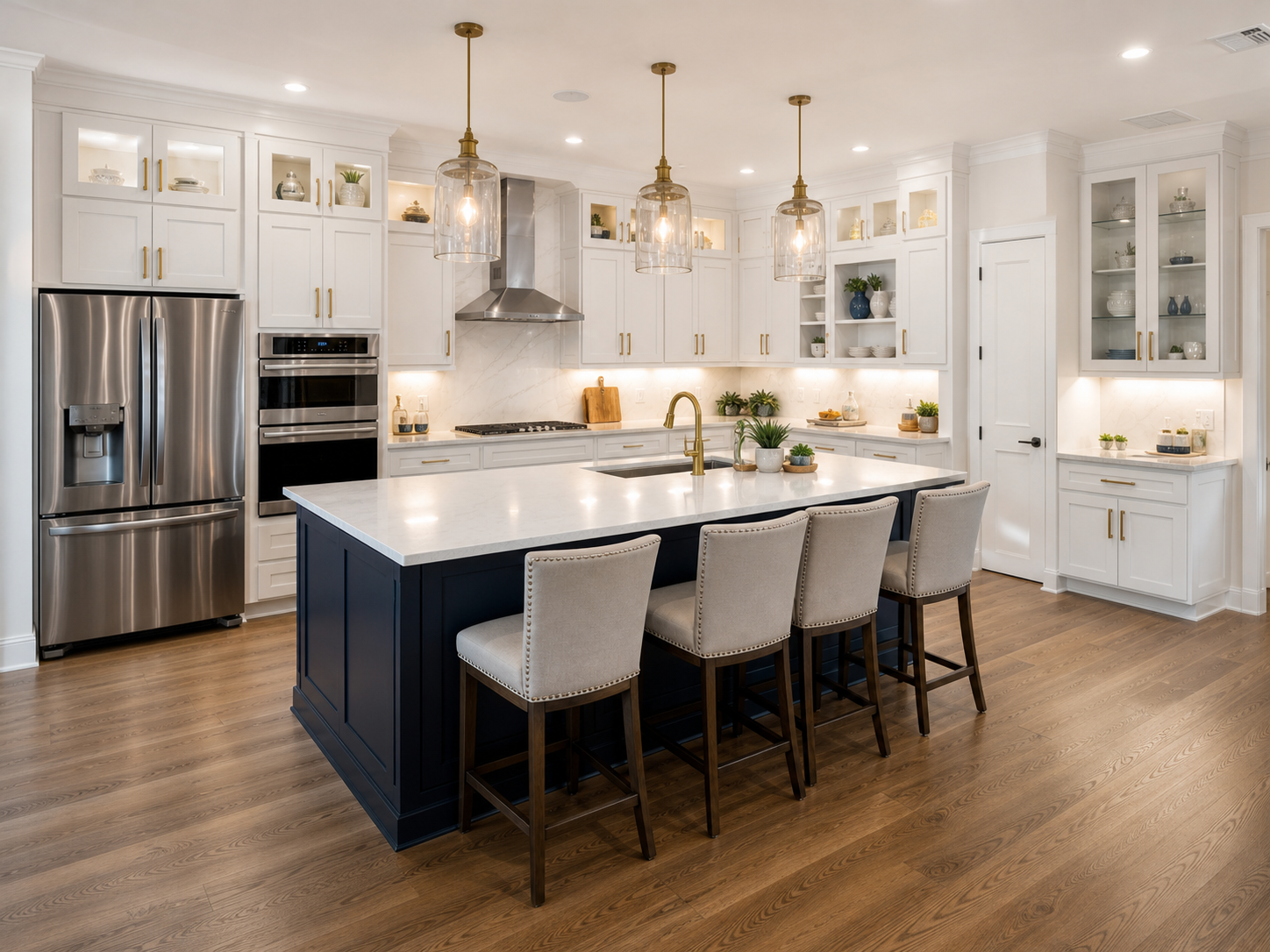 Modern transitional kitchen with white cabinetry and navy island